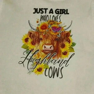 NWOT - Handmade White New Born Bodysuit - Just A Girl Who Loves Highland Cows